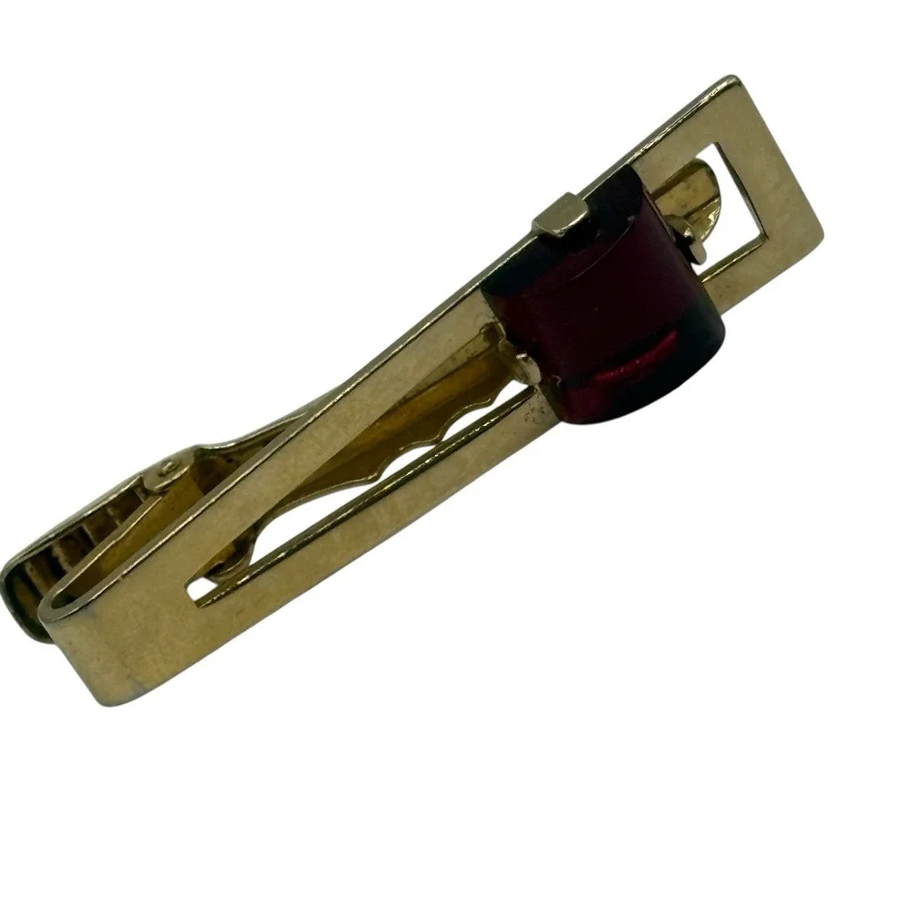 ANSON Cherry Red Lucite Cufflinks Tie Clip Bar Set Gold Tone Open Frame‎ Vintage